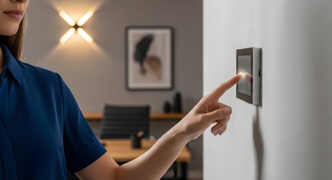 Smart Home Automation Woman Interacting with a Touchscreen Wall Control Panel