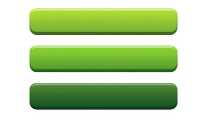 Obraz premium Three green rectangular buttons arranged vertically, each with soft shadows, floating on transparent background. Clean graphic design elements for user interface applications, PNG