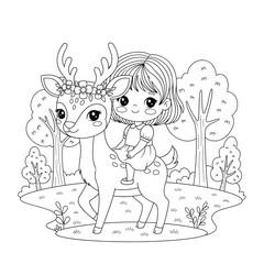 A girl is riding a deer in the forest isolated on white background