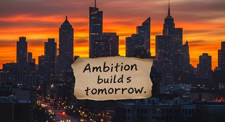 City skyline with a vibrant sunset and motivational phrase about building tomorrow, creating a sense of hope.