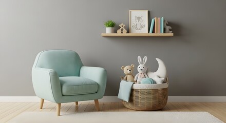 Fototapeta premium A mint armchair with stuffed toys in a basket and a shelf with artwork in a child's room