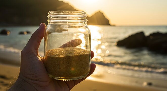 Hand holding glass jar with golden beach sand against a beautiful sunset ocean backdrop