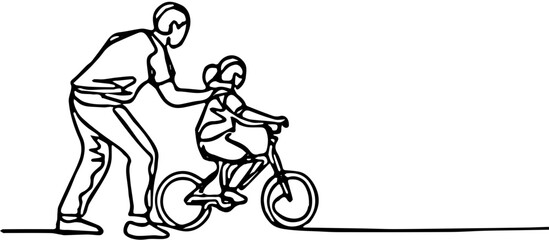 black line silhouette of a father teaching his child to ride a bicycle