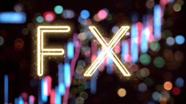Glowing FX Letters with Abstract Bokeh Lights and Financial Graph Background.