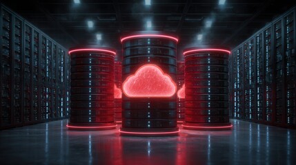 Futuristic server room with glowing red data towers