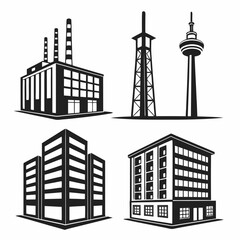 Fototapeta premium Collection of black and white vector icons representing various architectural structures including factories towers and modern buildings