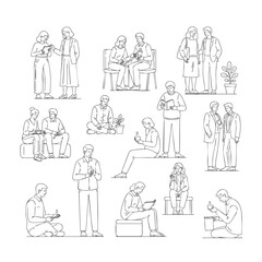 A collection of handdrawn line art illustrations showing diverse people in various poses standing sitting and reading.
