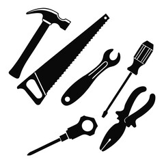 A collection of black silhouette icons representing common hand tools arranged on a white background for diy projects