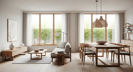Modern Scandinavian living and dining area with natural light and bamboo garden view