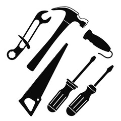 Collection of classic black silhouette hand tools including a hammer saw wrenches and screwdrivers on a white background