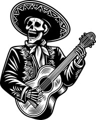 SVG of a skeleton musician showcasing a street lifestyle with Halloween vibes. Traditional Mexican Skeleton Musician Playing Guitar in Sombrero