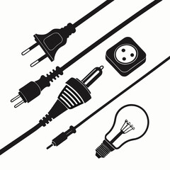 Collection of electrical plugs socket and light bulb in black silhouette against a white background