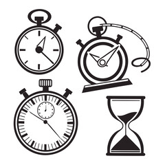 Collection of stylized black and white icons representing different timekeeping devices including stopwatches and an hourglass