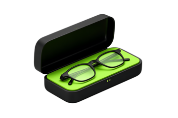 Black eyeglasses in a protective case isolated on transparent background