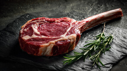 Prime tomahawk beef cut raw on black surface