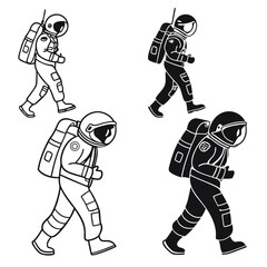 Stylized astronauts in motion featuring both outline and silhouette designs for versatile space exploration concepts