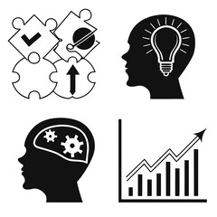 Four conceptual icons representing problem solving ideas thinking processes and business growth on a white background