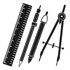 A set of drafting tools including a ruler pencils and a compass presented in a clean black silhouette against a white background