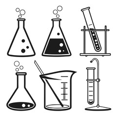Collection of black and white science laboratory equipment icons including beakers flasks and test tubes with bubbles
