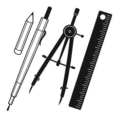 A set of drafting tools including a pencil compass and ruler presented as black silhouettes on a white background © Icon Set