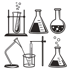 Collection of black and white scientific laboratory equipment icons including beakers flasks and test tubes with bubbles