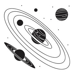 Stylized black and white illustration of planets with rings and moons orbiting in space against a white background