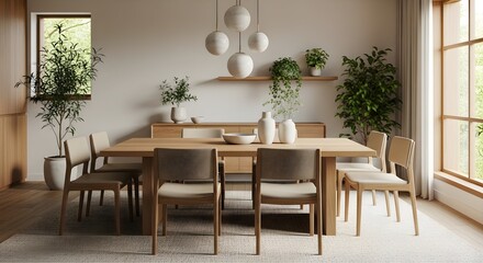 Modern dining room with light wood table chairs and minimalist decor interior