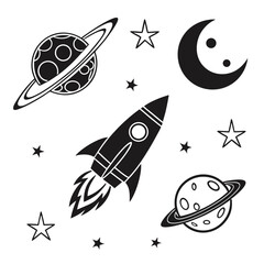 Whimsical black and white cartoon rocket ship soaring through space past planets and stars