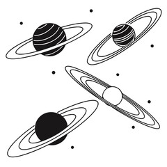 Stylized black and white planets with rings and dots scattered across a white background