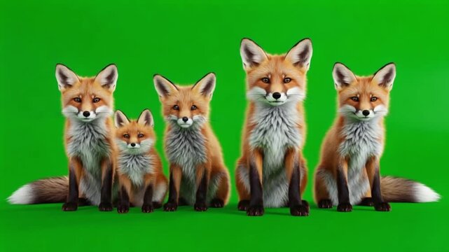 Five foxes sitting in a row against a vibrant green background, looking at the camera lens animal green screen video