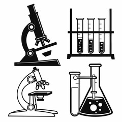 Collection of black and white science laboratory equipment icons including microscopes and test tubes with liquid