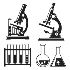 Collection of black and white scientific laboratory equipment icons including microscopes test tubes and flasks