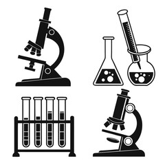 Collection of black and white scientific laboratory equipment icons including microscopes test tubes and flasks on a white background
