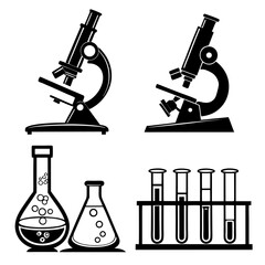 Collection of black silhouette icons representing scientific equipment including microscopes flasks and test tubes on a white background