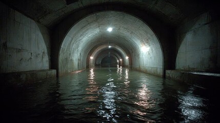 Naklejka premium Dark and narrow underground sewer tunnel with wet walls and reflective puddles, creating a moody and mysterious atmosphere, emphasizing depth, texture, and industrial urban environment