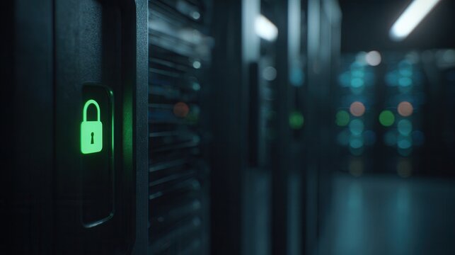 Glowing green padlock symbol on a dark server rack representing data security