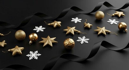 Elegant Christmas Decorations on Black Background.