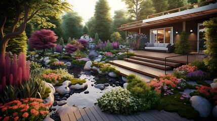Tranquil garden oasis with serene stream and modern architecture blending with nature
