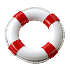 A white lifebuoy with red segments and rope, used for water rescue and ensuring safety in aquatic environments.