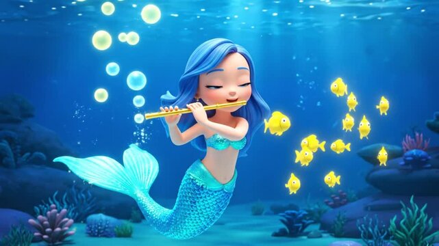cute mermaid playing golden flute in blue ocean