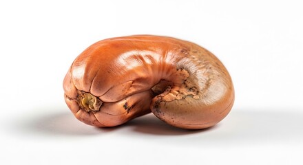 Close-up of a single cashew nut on a white background.