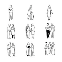 A diverse collection of handdrawn people illustrations including individuals couples and groups in various life stages.