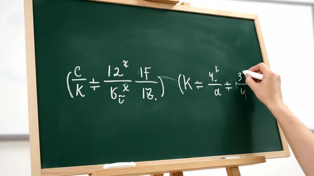 Handwriting Mathematical Equations on Green Chalkboard with Wooden Frame in Classroom Setting Featuring Algebra, Problem Solving, Education, and Analytical Thinking