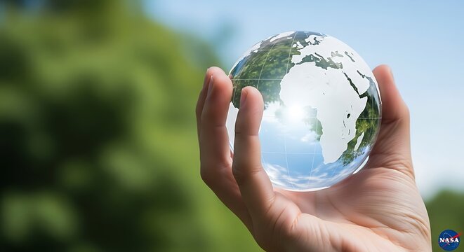 A persons hand cradles a transparent glass Earth globe outdoors.