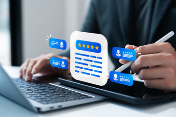 customer satisfaction review management and five-star rating system. Businessman using laptop and...