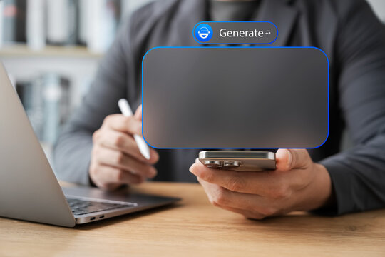 Artificial intelligence AI technology concept with editable text area. Businessman using smartphone with cutting-edge AI app interface and blank chat window where text, ads, marketing content.