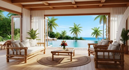 Obraz premium Tropical resort living room with infinity pool and ocean view palm trees bamboo furniture