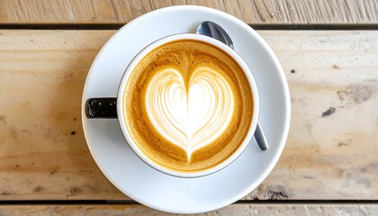 Overhead view of a coffee cup with heart-shaped latte art on a wooden table with saucer and spoon