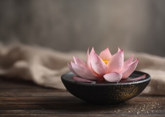 Pink lotus in black ceramic bowl with gold leaf accents on rustic table, minimalist zen composition with warm natural lighting for commercial product photography


