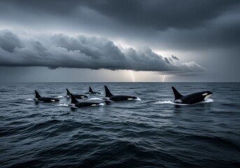 Fototapeta premium Wide view of orca whales moving together across open ocean under stormy sky